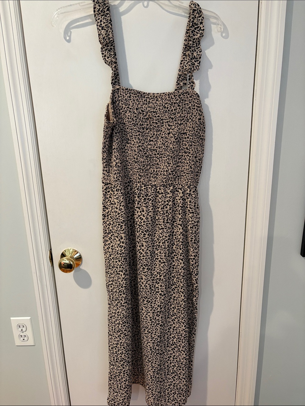 Abercrombie & Fitch Taupe Smocked dress with Black Leopard pattern